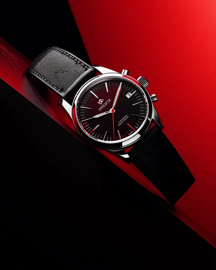 Here's a description of the image:

A sleek, modern wristwatch is dramatically showcased against a contrasting backdrop of deep red and black. The watch features a black face with red accents on the markers and hands, a silver-toned case, and a black textured leather strap. The lighting emphasizes the watch's details and creates a sophisticated, high-end feel. The overall composition is clean and minimalist, focusing attention on the watch's design and aesthetic. The brand name "Strelax" is subtly visible on the face.