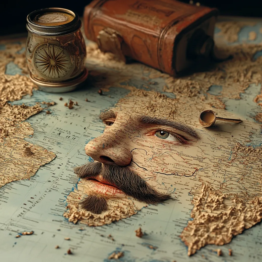 Here's a description of the image:

The image presents a surreal composition where a man's face, meticulously crafted from the texture and topography of an antique world map, dominates the foreground. The map's details, including landmasses and geographic markings, form the facial features, creating a striking three-dimensional effect.  A small, ornate compass and a closed, leather-bound book rest on the map's surface, subtly suggesting themes of exploration and travel. The overall color palette is muted earth tones, emphasizing the aged appearance of the map and related objects. The lighting is dramatic and focused, highlighting the textured details of both the face and the map.  A tiny metal scoop lies near the man's eye, adding to the image's whimsical yet thoughtful nature.
