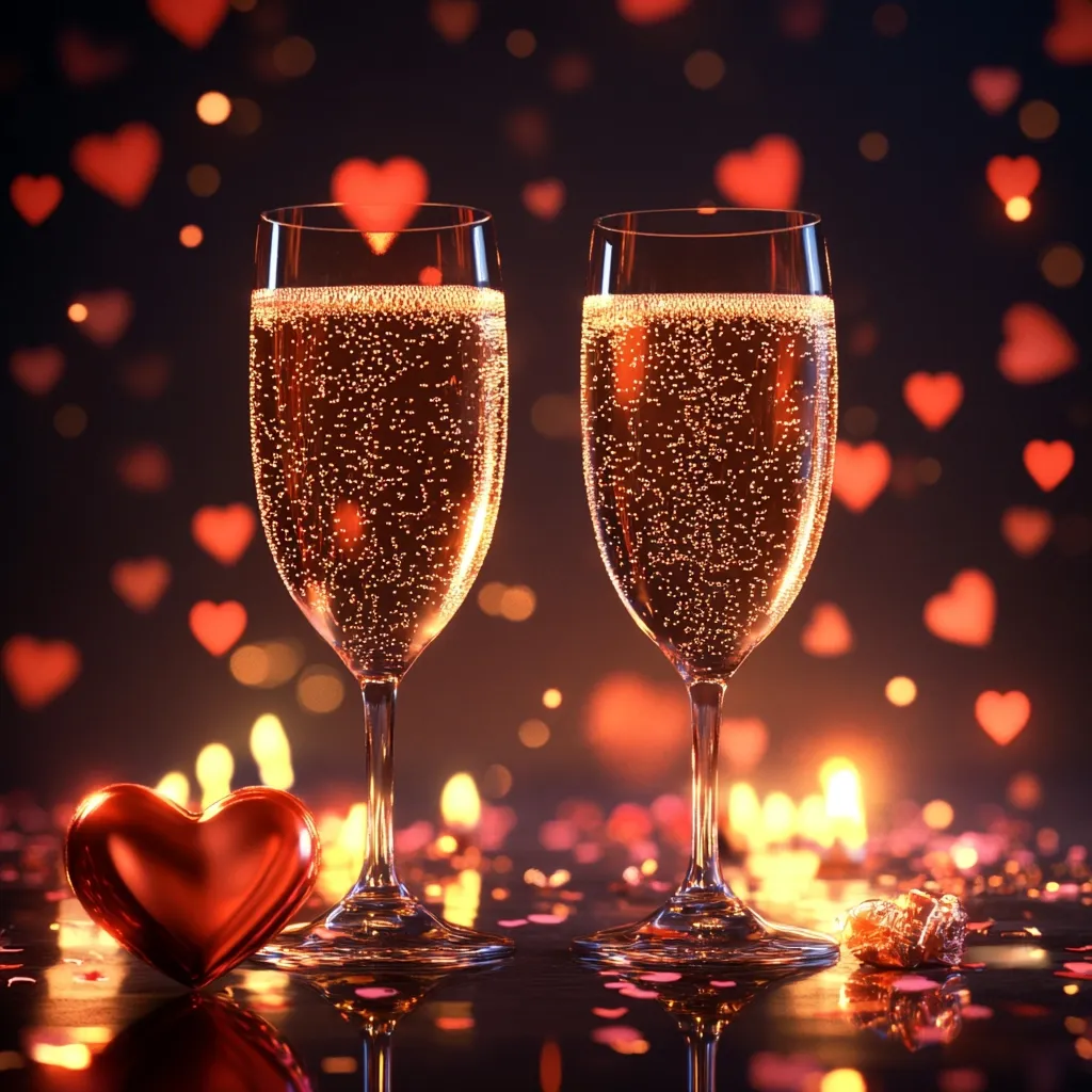 Two champagne flutes filled with sparkling wine stand on a table adorned with red confetti hearts.  A red heart-shaped ornament rests beside them.  The background is a bokeh of warm lights and out-of-focus red hearts, creating a romantic and celebratory atmosphere, perfect for Valentine's Day or a special anniversary.  The overall mood is one of intimacy and festive cheer.