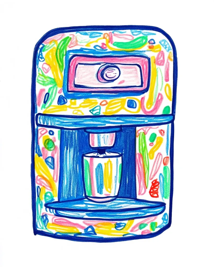 Here's a description of the image:

The illustration depicts a child-like drawing of a coffee maker.  The machine is outlined in bold blue crayon, with a vibrant, abstract pattern covering its surface. This pattern consists of swirling lines and shapes in various bright colors including yellow, pink, green, and orange. A simple, cup-shaped receptacle is visible at the bottom, where the coffee would presumably be dispensed. The style is reminiscent of a young child’s artwork, utilizing bold lines and a lack of precise detail. The overall effect is cheerful and playful.