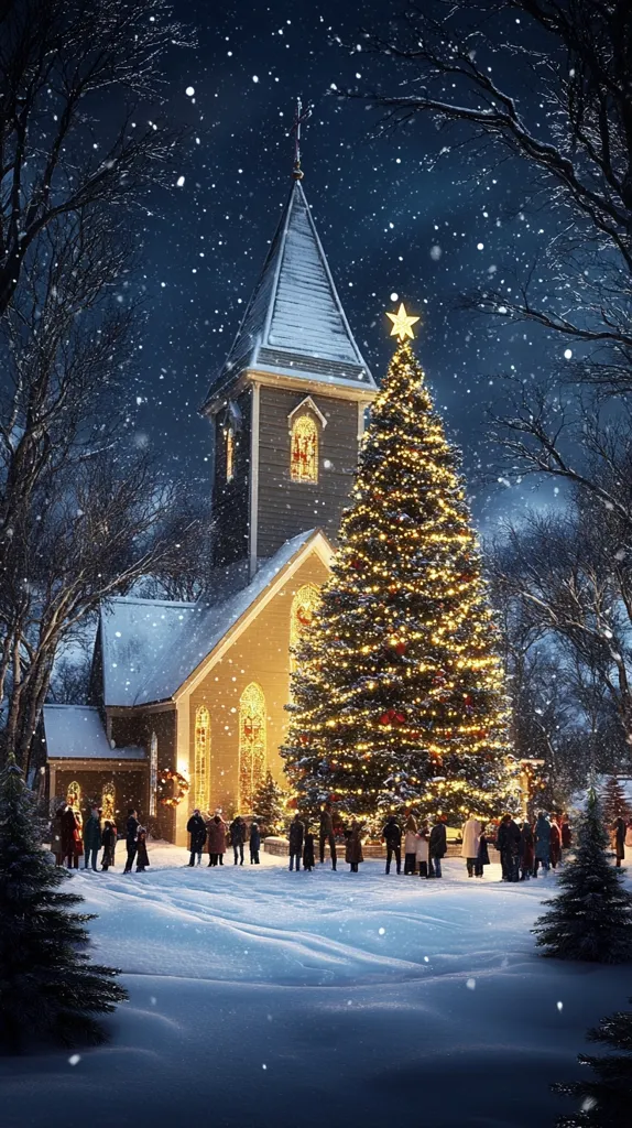 A snow-covered church stands serenely under a night sky dusted with falling snow.  A large, brilliantly lit Christmas tree dominates the foreground, surrounded by a gathering of people.  The scene is peaceful and idyllic, evoking a sense of Christmas Eve celebration in a quaint, snow-dusted village.  Bare, snow-laden trees frame the picturesque scene, enhancing the winter wonderland ambiance.