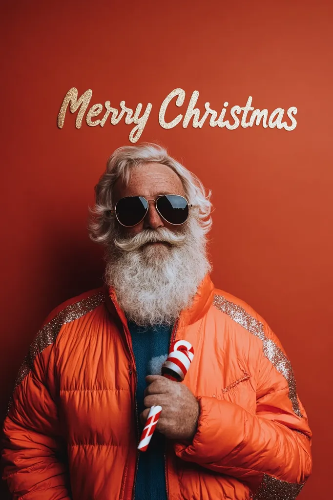 A stylish older man with a long white beard and mustache, wearing aviator sunglasses and a bright orange puffer jacket adorned with gold glitter detailing, stands against a burnt orange background.  He holds a candy cane.  Above him, the words "Merry Christmas" are written in gold glitter lettering. The overall image is festive and modern, a playful take on a traditional Santa Claus.