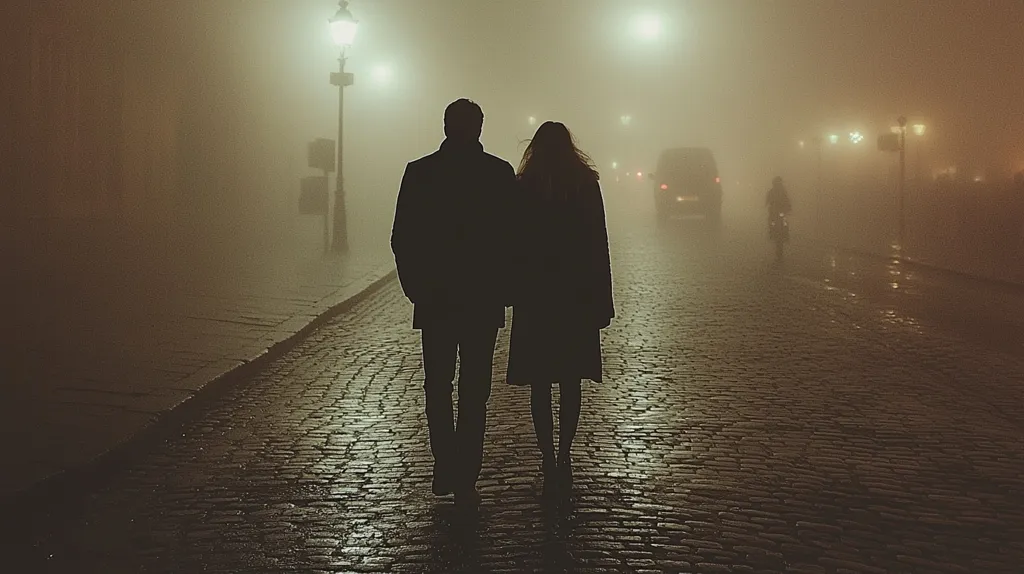 A silhouetted couple walks hand-in-hand down a cobblestone street shrouded in thick fog.  Dimly lit streetlamps cast a faint glow, barely piercing the dense mist.  The atmosphere is mysterious and romantic, emphasizing the intimacy of the couple against the backdrop of a blurred, indistinct urban scene.  A solitary figure is visible further down the street, adding to the sense of isolation and quiet mystery.