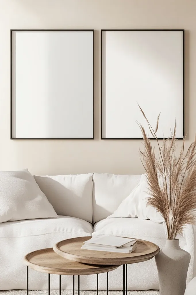 A minimalist living room features a cream-colored sofa with plush cushions.  Above the sofa, two large, blank square frames hang on a pale beige wall.  A dried pampas grass arrangement in a light-colored vase sits on a modern wooden coffee table with a black metal frame. The overall aesthetic is serene and subtly stylish.  Sunlight gently illuminates the scene, highlighting the textures of the furniture and decor.