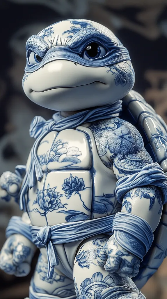 This is a close-up shot of a Teenage Mutant Ninja Turtle figurine.  The figurine is rendered in a striking blue and white porcelain style, reminiscent of traditional Chinese blue and white pottery.  Intricate floral patterns and designs adorn the turtle's shell and bandages.  The turtle's expression is serious, and the detail is exceptionally realistic. The background is blurred, drawing focus to the intricate details of the figurine.