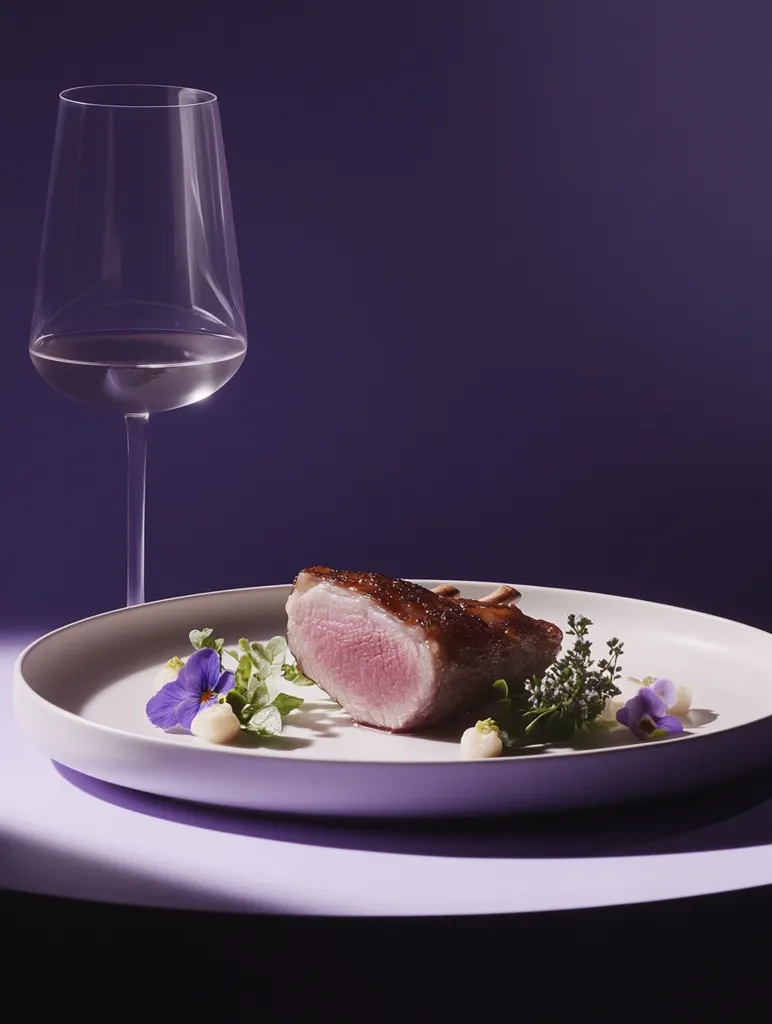 Here's a description of the image:

A sophisticated culinary scene is captured, featuring a single, elegantly plated cut of roasted meat, possibly lamb.  The meat displays a beautiful pink interior, contrasting with a subtly browned exterior.  It's garnished with small purple pansies and sprigs of fresh herbs, arranged artfully on a pale lavender plate.  A wine glass, partially filled with a dark red liquid, sits to the left of the plate, adding a touch of refinement.  The backdrop is a deep purple, creating a visually rich contrast against the food and the light lavender tones of the plate and table.  The overall impression is one of fine dining and elegant simplicity.