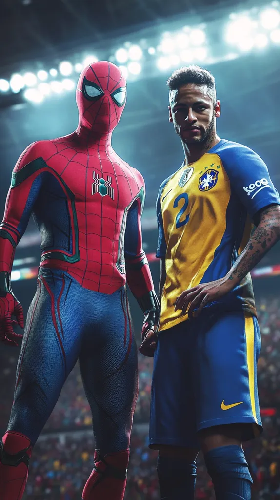 Here's a description of the image:

The image is a digital composite featuring Spider-Man and Neymar Jr. side-by-side in a stadium setting. Spider-Man, in his advanced suit, stands slightly taller than Neymar, who is dressed in a Brazilian national team soccer jersey.  The background is blurred but shows a packed stadium with lights suggesting a nighttime sporting event.  The lighting focuses on the two figures, creating a dramatic contrast with the dimmed background crowd. The overall mood is one of dynamic action and unexpected juxtaposition.
