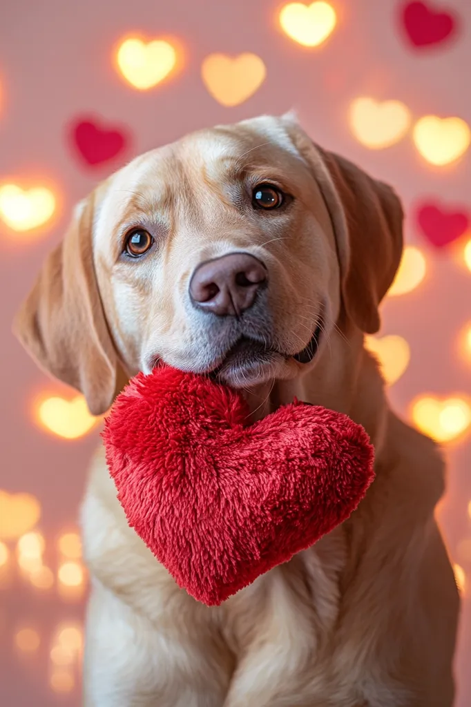 Here's a description of the image:

A heartwarming image features a fluffy, light-golden Labrador Retriever gently holding a plush red heart. The dog's expression is sweet and attentive.  The background is softly blurred, showcasing a bokeh effect of warm-toned heart shapes, creating a romantic and festive Valentine's Day atmosphere. The overall mood is one of love and affection, highlighting the dog's endearing qualities.