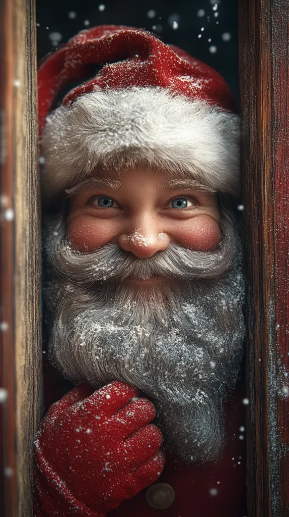 Here's a description of the image:

A close-up shot reveals Santa Claus peeking through a wooden door frame.  Snow lightly dusts his red hat, white beard, and red gloves. His rosy cheeks and twinkling blue eyes peek out from under his hat.  He has a gentle smile, and his beard is thick and full. The background is blurred but shows falling snow, enhancing the wintry Christmas scene. The overall mood is warm, inviting, and festive.
