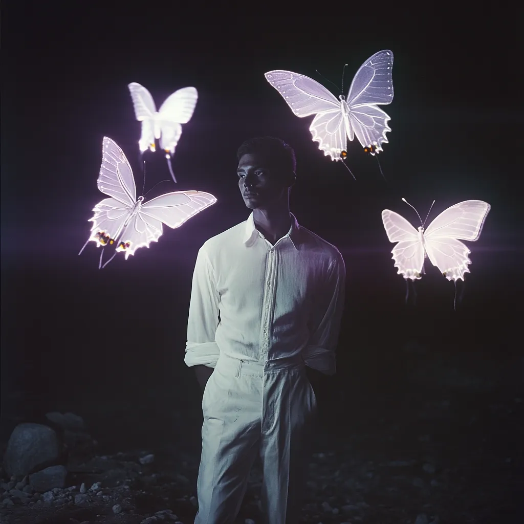 A young man in a white, loose-fitting shirt and pants stands against a dark background.  He gazes thoughtfully to his left.  Surrounding him are four luminous, translucent purple butterflies, appearing ethereal and almost otherworldly. The overall mood is serene and mystical, suggesting a connection between the man and nature, or a dreamlike state. The image is dark, with the butterflies providing the main source of light.