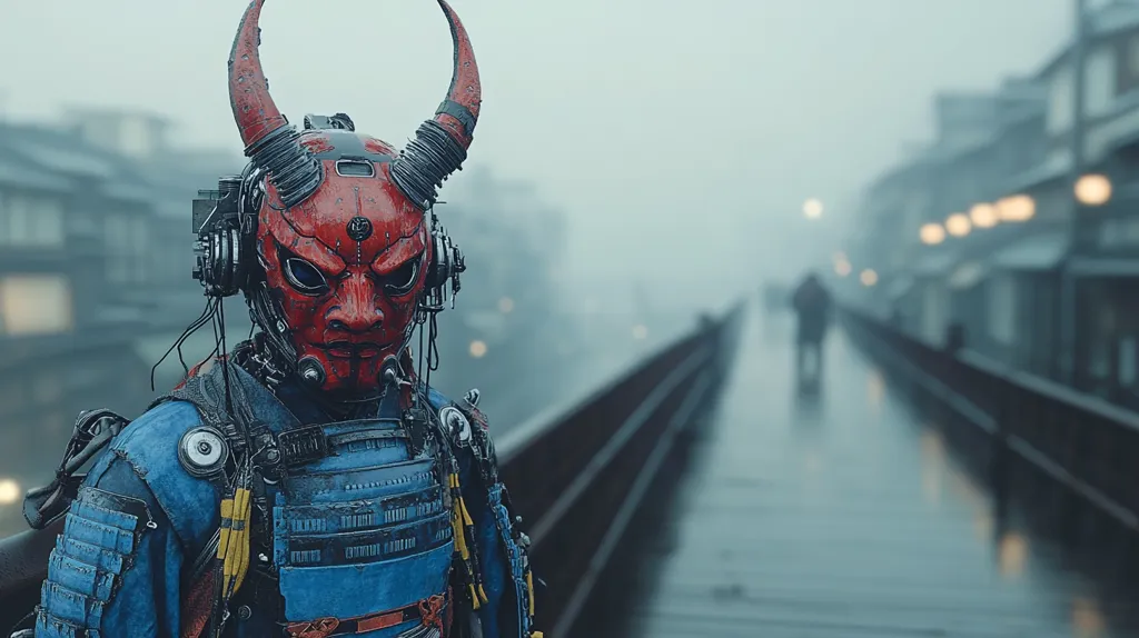 A futuristic cyborg, adorned in a vibrant red oni mask with horns, stands on a rain-slicked bridge. Its blue and black samurai-inspired armor contrasts with the muted tones of the blurred, fog-shrouded Japanese cityscape in the background.  The scene evokes a blend of traditional Japanese aesthetics and advanced technology, hinting at a dystopian or cyberpunk narrative. The overall mood is atmospheric and mysterious.