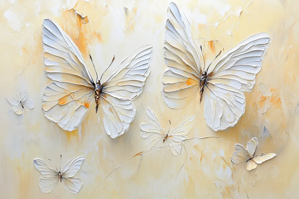 This painting depicts a serene scene of several white butterflies against a soft, pale yellow background. Two large butterflies take center stage, their wings rendered with thick, textured brushstrokes giving a three-dimensional effect. Smaller butterflies are subtly positioned around them, creating a sense of movement and gentle flight. The overall style is impasto, highlighting the artist's use of paint to build up the texture and form of the butterflies. The warm color palette adds to the peaceful and ethereal atmosphere of the artwork.