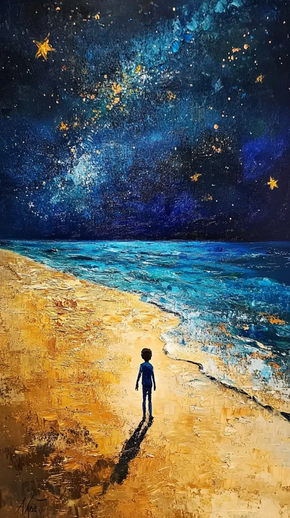 The painting depicts a solitary child standing on a golden sand beach, gazing out at a vibrant, star-filled night sky.  The ocean, a rich teal, gently laps the shore.  The artist uses thick, textured brushstrokes to create a sense of movement in both the water and the sky, where gold flecks suggest distant stars.  The child's small figure contrasts with the vastness of the night, evoking a feeling of wonder and contemplation. The overall mood is serene and dreamlike.