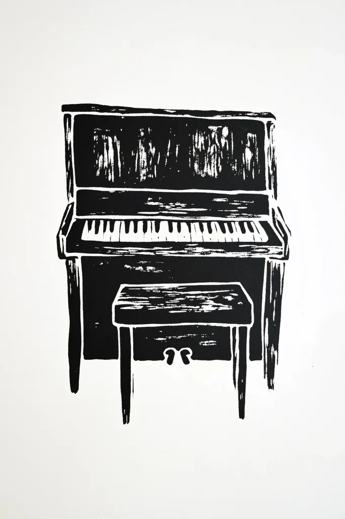 Here's a description of the image:

The image is a black and white linocut print depicting a simple upright piano and its accompanying bench. The style is stark and minimalist; the piano is rendered in solid black with only the white keys subtly indicated.  The texture of the linocut is evident in the slightly rough, uneven lines and shading. The bench is small and plain, positioned directly in front of the piano's keyboard. The overall impression is one of quiet simplicity and perhaps a hint of agedness, suggested by the textural marks on the piano. The artwork is set against a plain white background.