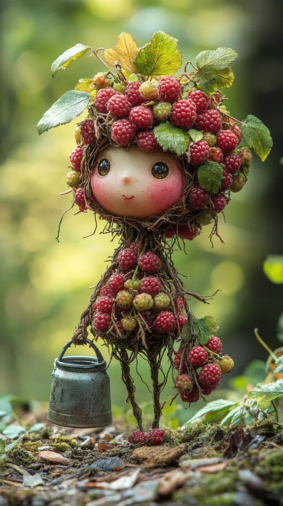 A whimsical doll-like figure is crafted from twigs and adorned with a profusion of ripe raspberries.  The raspberries form a vibrant crown and cascade down its body, creating a charming, natural aesthetic.  The doll has a sweet face and carries a miniature pail, enhancing its fairytale-like quality.  It's positioned on a bed of forest debris, nestled within a blurred background of lush greenery. The overall effect is one of magical realism and exquisite craftsmanship.