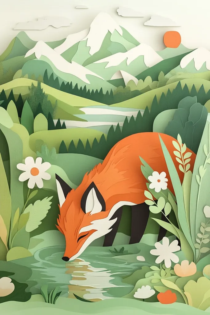 Here's a description of the image:

A vibrant paper-cut illustration depicts a serene landscape.  A fox, rendered in shades of orange and black, is the focal point, bending to drink from a calm stream. Lush green vegetation, including stylized flowers and leaves, surrounds the stream.  In the background, layered green hills rise to snow-capped mountains under a simplified, orange sun.  The overall style is whimsical and layered, typical of paper-cut art, creating a sense of depth and tranquility.
