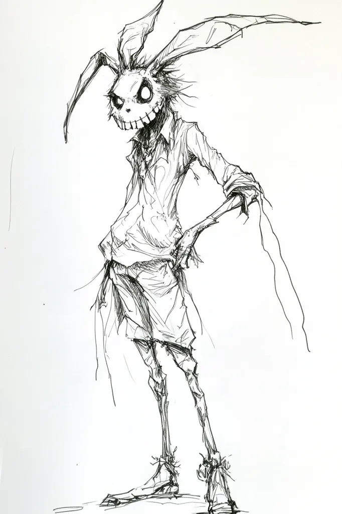 Here's a description of the image:

The ink drawing depicts a stylized, anthropomorphic rabbit figure with an unsettlingly gaunt and skeletal appearance.  Long, thin limbs support a body clad in loose, tattered clothing resembling a shirt and shorts. The rabbit’s face is unsettling, with exaggerated features – large, dark eyes and a wide, toothy grin – contributing to its eerie demeanor. Its long ears extend outward, adding to its unusual posture. The style is expressive and slightly chaotic, with lines conveying texture and movement.  The overall impression is one of dark whimsy or macabre cartoonishness.