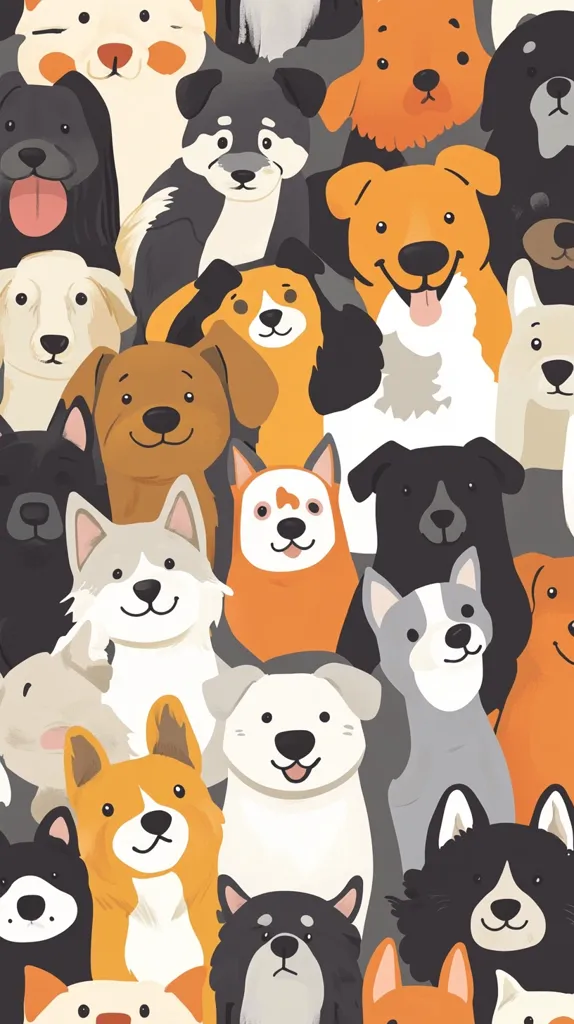Here's a description of the image:

The image is a densely packed collection of cartoon dogs, various breeds and colors, arranged in a seemingly random yet visually appealing manner.  Their faces are the focal point, creating a whimsical and playful effect. The dogs range in color from blacks and grays to oranges, browns, and whites, with some displaying happy expressions and others more neutral. The style is simple, with smooth shapes and minimal detail, yet expressive. The overall effect is one of cheerful canine chaos.
