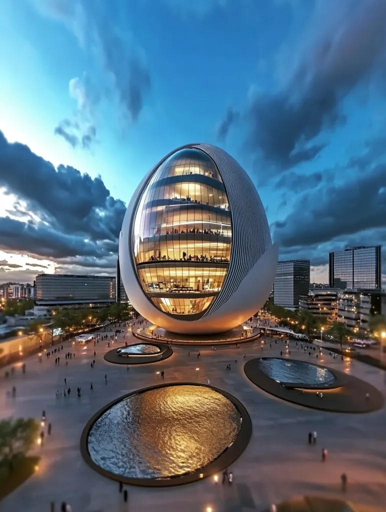 Here's a description of the image:

The image showcases a futuristic, egg-shaped building at twilight.  Its smooth, white exterior curves elegantly, while large, illuminated windows reveal interior levels.  The structure is situated in a plaza with circular reflecting pools, adding to the modern aesthetic.  People are sparsely scattered across the plaza, appearing small against the scale of the building.  In the background, smaller buildings and a darkening sky complete the scene, hinting at a city setting.  The overall impression is one of sleek design and technological advancement.