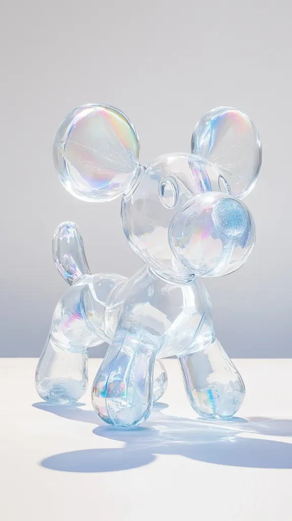 A translucent, light-blue sculpture of a dog is presented against a white background.  The dog's form suggests it's made from inflated balloons, its body and limbs appearing bulbous and slightly misshapen.  The material has an iridescent quality, subtly shifting colors in the light.  The sculpture casts a soft shadow, enhancing its ethereal, almost weightless appearance.