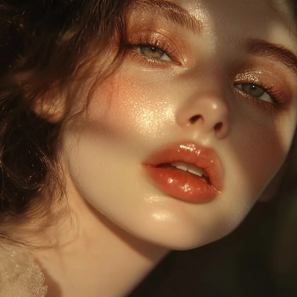 Close-up of a young woman's face, bathed in warm, golden light.  Her makeup features a shimmering, peachy eyeshadow and a glossy, coral lip.  Her skin has a dewy, healthy glow, with subtle freckles visible.  Soft, brown hair frames her face. The overall impression is one of natural beauty and radiant warmth.  Sunlight streams across her features creating a dramatic highlight.