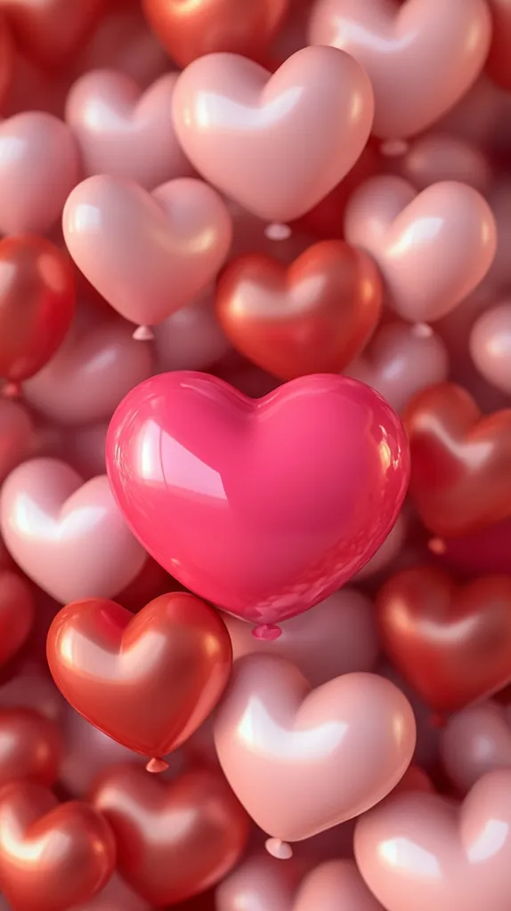 A vibrant collection of heart-shaped balloons in varying shades of pink and red fills the frame.  The balloons are clustered together, creating a romantic and festive atmosphere. A single, bright pink heart balloon stands out near the center, drawing the eye. The glossy surface of the balloons reflects light, adding to their alluring sheen. The image evokes feelings of love and celebration, perfect for Valentine's Day or any romantic occasion.
