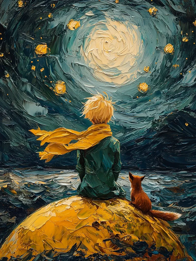 The painting depicts the Little Prince, a character from Antoine de Saint-Exupéry's novella, sitting on a golden rock beside a fox.  He wears a teal coat and a flowing yellow scarf, his blond hair catching the light of a swirling, luminous moon.  The night sky is filled with a dynamic, impasto style depiction of stars, resembling floating lanterns, creating a dreamlike atmosphere over dark, choppy waves. The thick, textured brushstrokes give the scene a palpable energy and emotional depth.