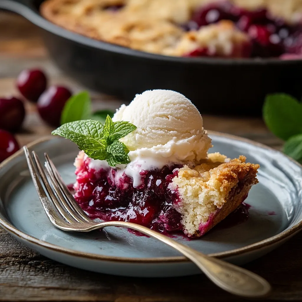 A delectable serving of cherry cobbler is presented, topped with a scoop of vanilla ice cream and a sprig of mint. The cobbler, with its buttery, crumbly topping and rich, juicy cherry filling, sits on a rustic, light-blue plate. A fork rests beside it, ready to take a bite. Fresh cherries are visible in the background, hinting at the pie's main ingredient, which is nestled inside a cast-iron skillet. The overall mood is warm and inviting, suggesting a comforting and delicious dessert.
