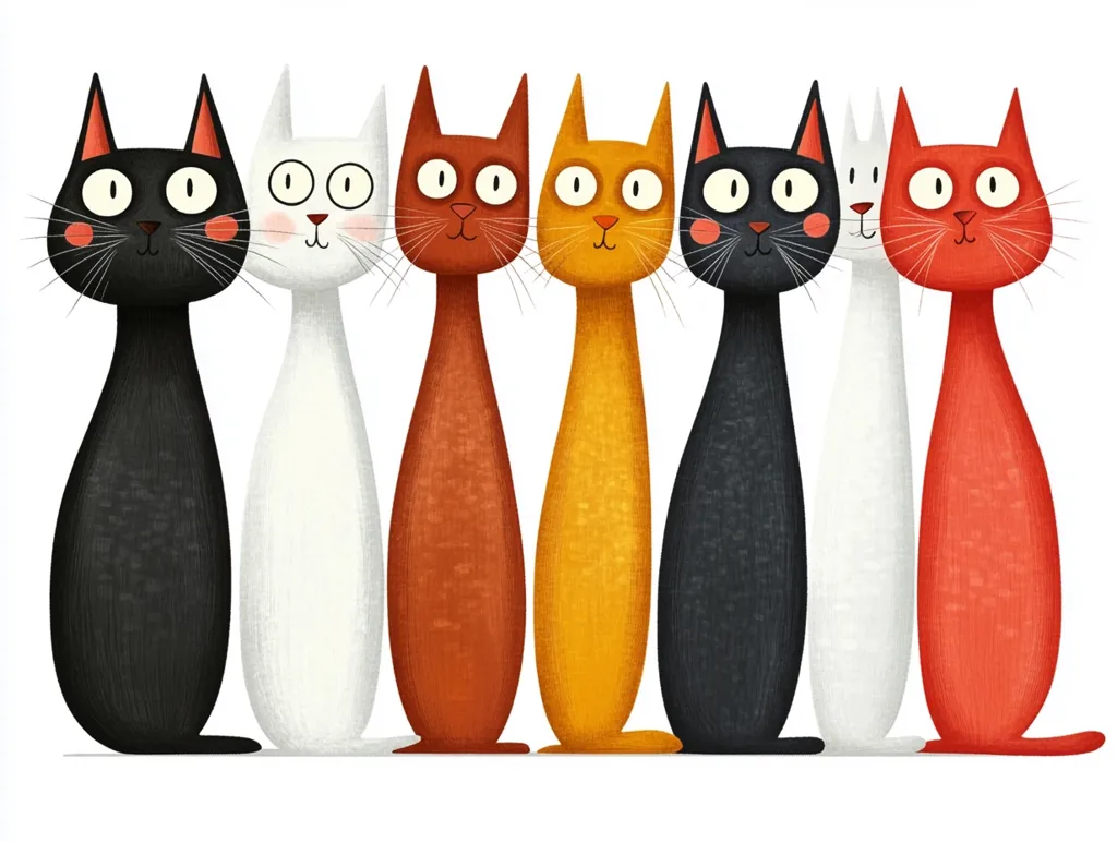 Seven stylized cats stand in a row against a white background.  They are depicted in a simplified, almost cartoonish manner with smooth, rounded bodies and large, expressive eyes.  The cats are black, white, brown, orange, and red, creating a visually appealing color palette.  Their expressions are friendly and curious, suggesting a playful and lighthearted mood. The image has a whimsical and charming quality.