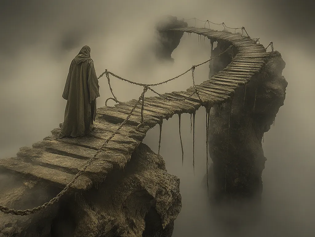 A hooded figure in a long robe walks a precarious, winding wooden bridge suspended high above a misty void.  The bridge, secured by rusty chains, connects craggy rock formations that jut from the swirling fog.  The overall mood is somber and mysterious, evoking a sense of isolation and an unknown journey. The image is dark and muted in tone, emphasizing the atmospheric depth and the figure's solitary path.