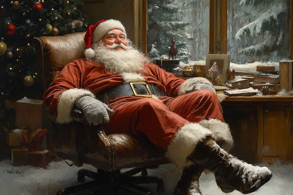A jovial Santa Claus, in his iconic red suit and white fur trim, relaxes in a brown leather armchair.  He's comfortably settled, feet up, a contented smile on his face. A Christmas tree laden with ornaments stands nearby, along with gifts.  A snowy winter scene is visible through a large window, completing the festive atmosphere of this painted depiction.  The overall style is reminiscent of classical oil painting.