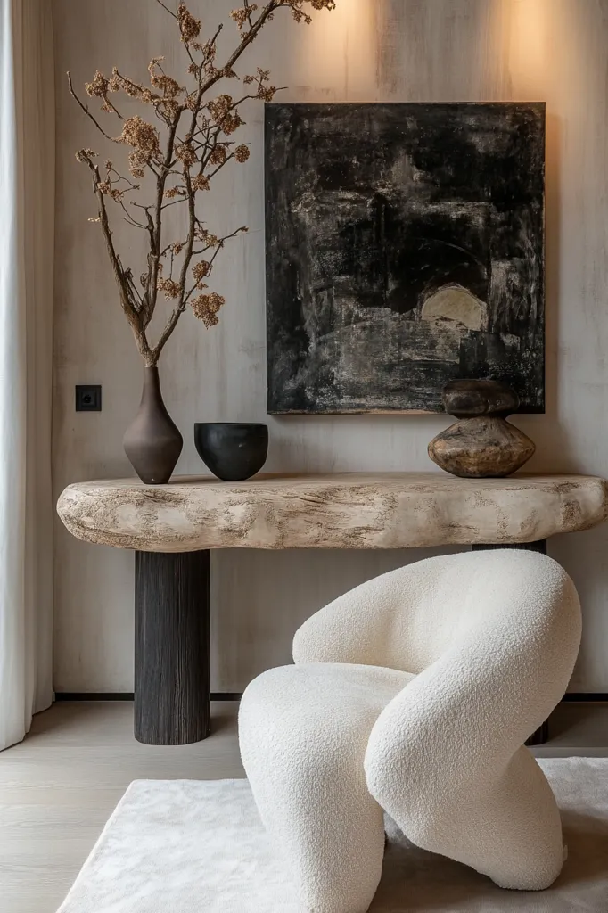 Here's a description of the image:

The image showcases a minimalist interior design. A chunky, light-colored wooden console table with dark legs stands against a textured wall.  On the table, there's a dark brown vase holding dried branches, a dark bowl, and a rustic stone sculpture. Above the console hangs a large abstract painting in dark greys and blacks. A plush, off-white, organically shaped armchair sits in front of the console, resting on a light beige rug. The overall aesthetic is calm, sophisticated, and subtly textured.