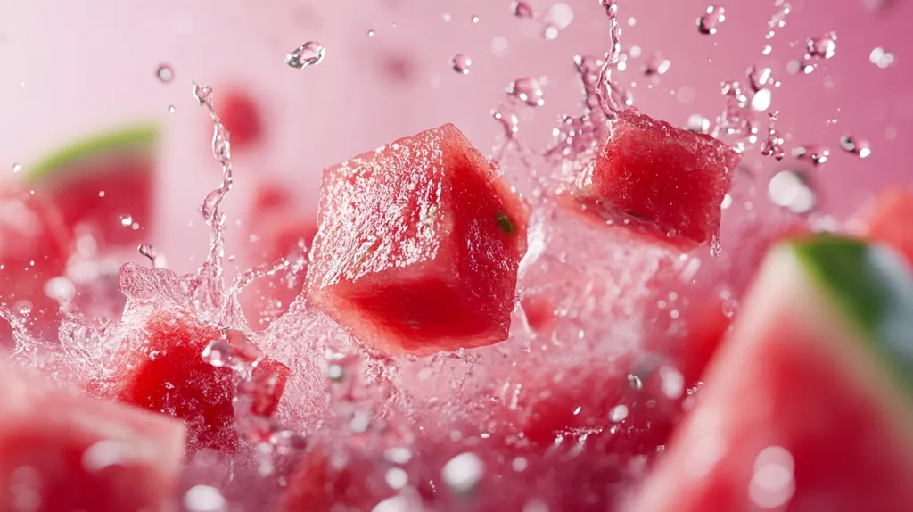 Here's a description of the image:

The photograph is a vibrant close-up of cubed watermelon splashing into water.  Several bright red watermelon chunks are suspended mid-air, surrounded by a dynamic spray of water droplets.  The background is a soft pink, enhancing the juicy red color of the fruit. The overall effect is one of freshness, energy, and summery deliciousness, highlighting the texture and color of the watermelon in a lively, action-filled scene.