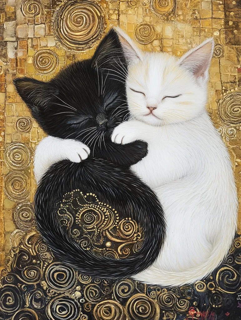 Here's a description of the image:

The artwork depicts two kittens nestled together in an embrace.  One is black, the other white, their fur contrasting sharply.  They appear to be sleeping peacefully, eyes closed.  The kittens are positioned on a background of gold and black swirling patterns, reminiscent of Gustav Klimt's style. The black kitten's fur incorporates similar swirling gold designs, adding to the artistic unity.  The overall effect is one of warmth, gentleness, and artistic sophistication.