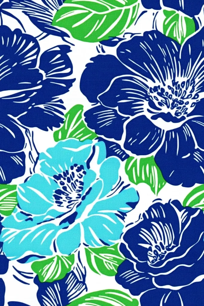 The image shows a vibrant floral print on a white background. Large, stylized flowers in shades of teal and deep blue are prominent, their petals bold and outlined.  Lush, bright green leaves are interspersed between the blooms, adding to the tropical feel. The overall design is a bold, graphic representation of a floral pattern, ideal for fabric, wallpaper, or other design applications. The style is reminiscent of vintage or retro Hawaiian prints.