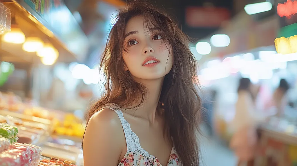 A young woman with long brown hair looks off to the side, her gaze slightly upward.  She's wearing a floral camisole, and her expression is serene and contemplative. The background is blurred, suggesting a bustling night market with colorful lights and out-of-focus people.  The overall atmosphere is warm and slightly romantic, with the focus sharply on the woman's delicate features.  She seems to be standing near a display of colorful treats.