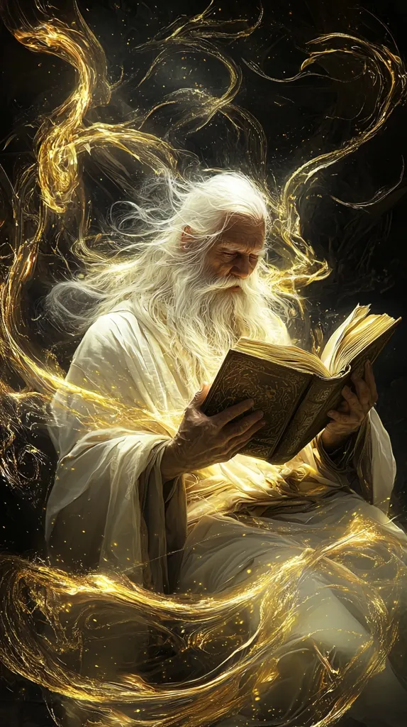 The image depicts an elderly, long-haired, white-bearded man, cloaked in flowing white robes, seated and engrossed in reading an antique, ornate book.  He is surrounded by ethereal, golden, swirling energy that seems to emanate from both the book and himself. The overall mood is one of mystical wisdom and powerful magic, suggesting a powerful, possibly divine, figure studying ancient texts. The dark background contrasts sharply with the radiant light surrounding the man and his book.