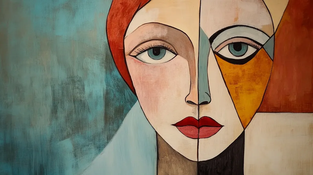 This is a cubist-style painting of a woman's face.  The artist uses geometric shapes and bold colors, primarily teal, orange, red, and beige, to depict the features. The face is fragmented, with distinct sections of color and line creating a fractured, yet unified, portrait.  The woman's eyes, one more defined than the other, and her red lips are striking elements against the textured background. The overall effect is both modern and expressive.