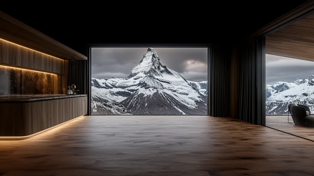 A modern, minimalist kitchen with dark wood cabinetry and a sleek marble countertop is dramatically centered within a large room.  Floor-to-ceiling windows offer a breathtaking panoramic view of a snow-capped mountain range, dominated by the majestic Matterhorn.  The room’s dark tones contrast sharply with the bright, snowy landscape outside, creating a stunning visual juxtaposition.  Warm, indirect lighting highlights the kitchen's design, while dark curtains flank the windows.  A glimpse of an outdoor patio is visible to the right, completing the scene of luxurious alpine living.