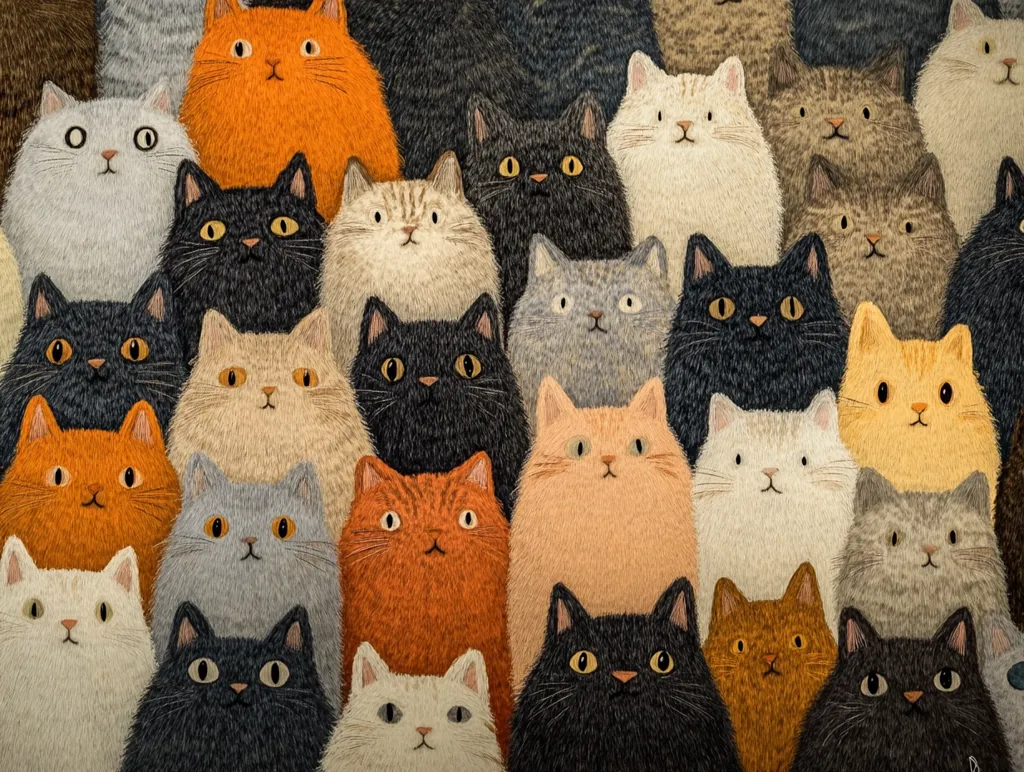 Here's a description of the image:

The illustration is a densely packed collection of stylized cats, closely arranged to fill the frame.  The cats are depicted in a variety of colors, including orange, gray, black, and cream, with fluffy textured fur.  Their expressions are generally calm and somewhat uniform, creating a cohesive and slightly repetitive pattern. The style is reminiscent of children’s book illustration or embroidered artwork, with a soft, slightly fuzzy appearance to the cats' coats.  The overall effect is charming and slightly whimsical.