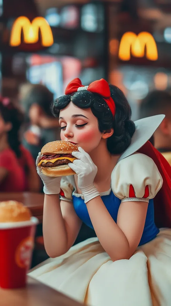 Here's a description of the image:

A young woman, cosplaying as Snow White, sits in what appears to be a fast-food restaurant.  She's wearing a meticulously crafted Snow White costume, complete with a red bow and white gloves.  Her expression is one of joyful anticipation as she holds a large cheeseburger close to her face, about to take a bite.  Blurred McDonald's arches are visible in the background, subtly contrasting the classic fairytale character with a modern, everyday setting.  A red cup with a beverage sits on the table in front of her. The overall mood is playful and whimsical.