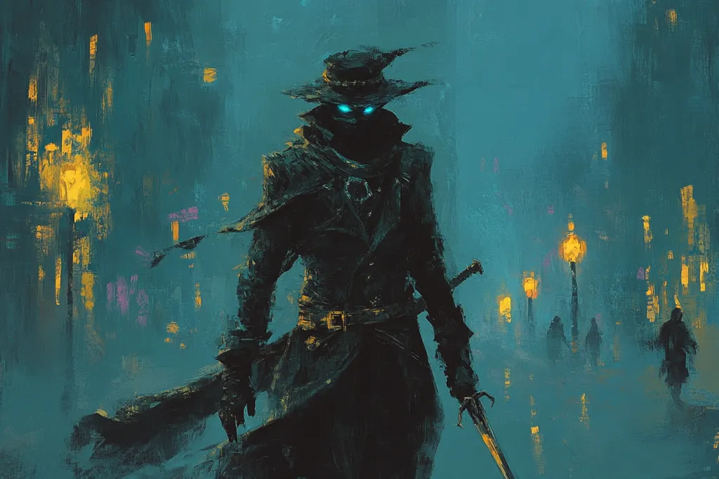 The painting depicts a mysterious figure, cloaked and hatted, standing in a dimly lit city street at night.  The figure's eyes glow an eerie teal, and they carry a sword. The background is painted with a textured impasto style, showing blurry buildings and lampposts casting a warm, yellow light against the cool teal of the night. The overall mood is dark, suspenseful, and slightly fantastical.  The figure seems powerful and ominous, possibly a vigilante or supernatural entity.