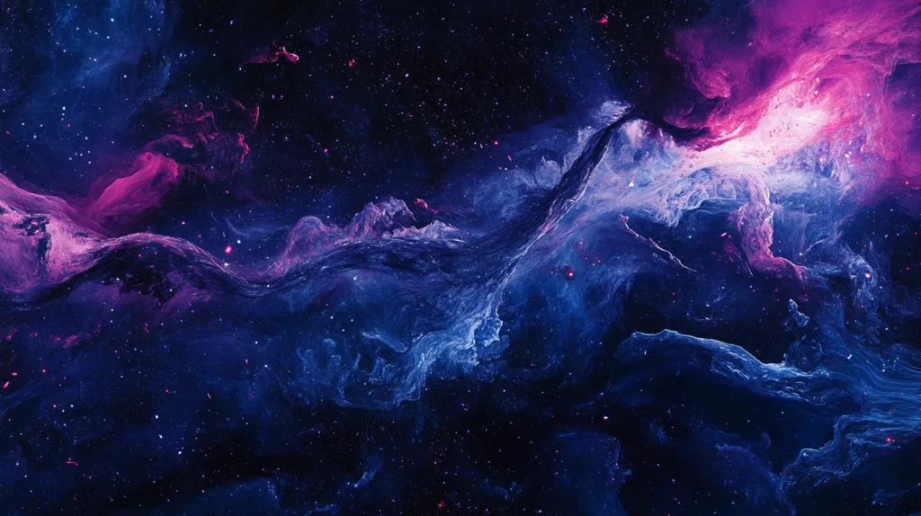 The image is an abstract depiction of space, possibly a nebula.  Swirling clouds of deep blues and purples dominate, punctuated by streaks of vibrant pink.  The colors blend seamlessly, creating a dynamic and ethereal effect.  Scattered stars add depth to the cosmic scene, enhancing the overall sense of vastness and wonder. The texture suggests movement and fluidity, like a cosmic painting in motion.