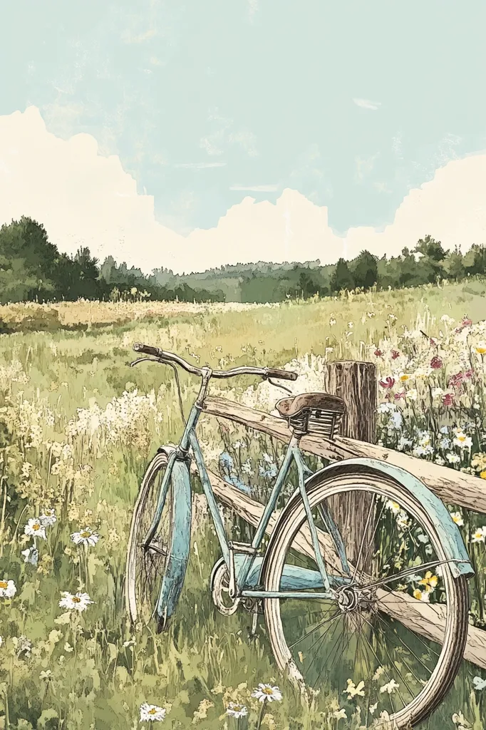 A light blue vintage bicycle leans against a rustic wooden fence in a vibrant meadow. Wildflowers, including daisies, bloom abundantly around the bike.  The background features a rolling landscape of trees under a partly cloudy sky. The scene evokes a sense of tranquility and idyllic rural life. The artistic style is reminiscent of a watercolor or pastel painting.