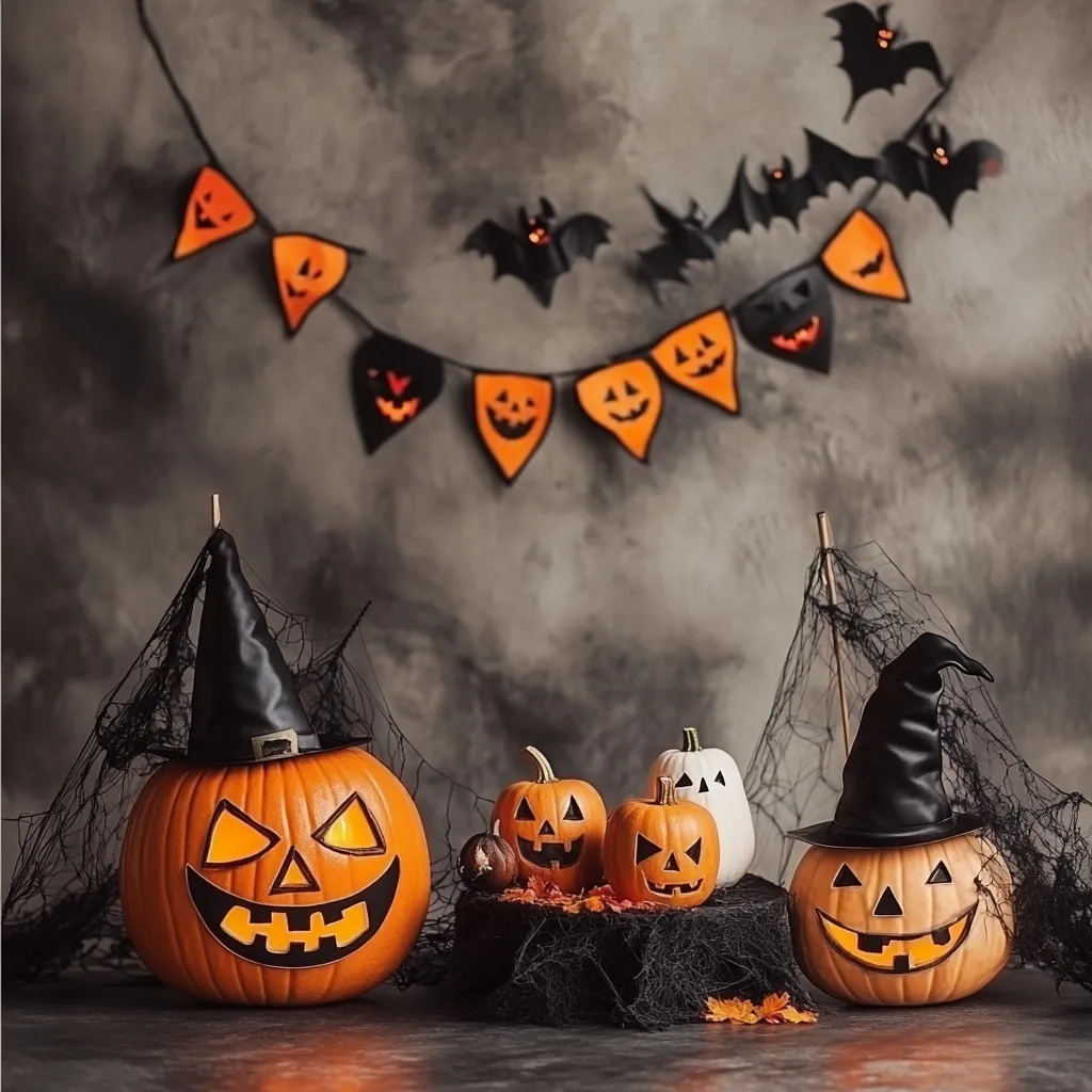 A Halloween scene features three carved pumpkins, two small and one large wearing a witch's hat, illuminated from within.  Smaller pumpkins and a white one are grouped on a dark base.  A black spiderweb and bunting with jack-o'-lantern faces and bats adorn a textured grey backdrop, creating a spooky and festive atmosphere.  The overall effect is one of charming Halloween decor.