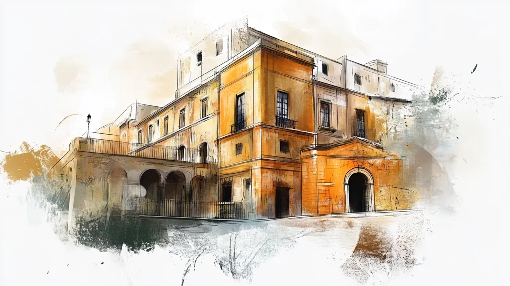 The artwork depicts a stylized view of a European-style building complex.  Dominated by warm ochre and muted browns, the building features multiple stories with evenly spaced windows. A prominent corner section is highlighted, leading to a darker arched gateway. The style is painterly, blending watercolor washes with sketch-like lines, creating a textured and atmospheric effect.  The background suggests an older city, with hints of other structures and a sense of age and history. The overall impression is one of faded grandeur, possibly reflecting a historical or architectural landmark.