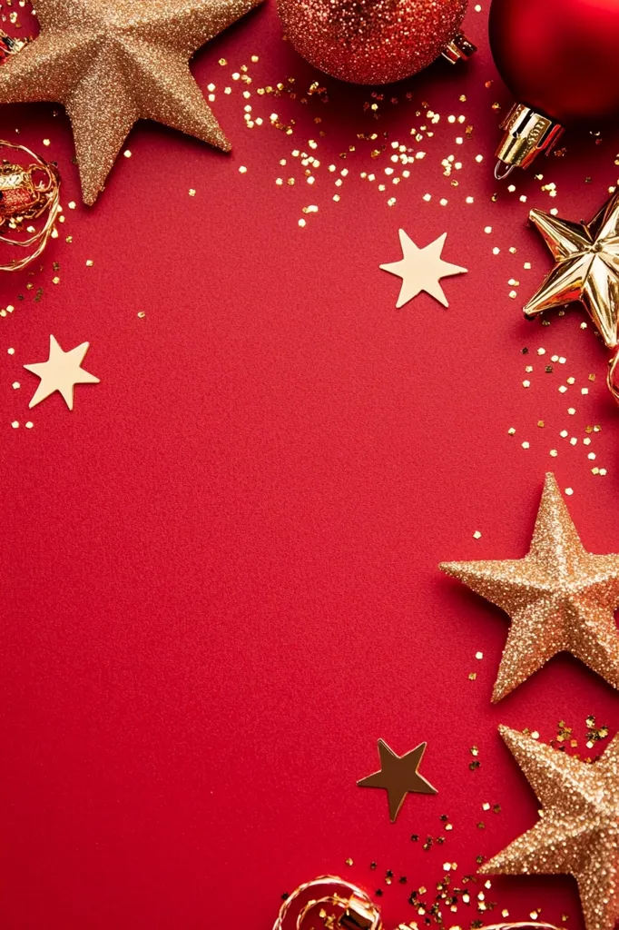 Here's a description of the image:

A vibrant red background is adorned with gold and red Christmas decorations.  Gold glitter is scattered across the surface, adding sparkle.  Several gold glitter stars of varying sizes are arranged around the edges, along with red and gold ornaments.  Small gold stars and festive gold tinsel add to the holiday feel. The overall design creates a festive and celebratory border, leaving the center of the red background open for text or other elements.