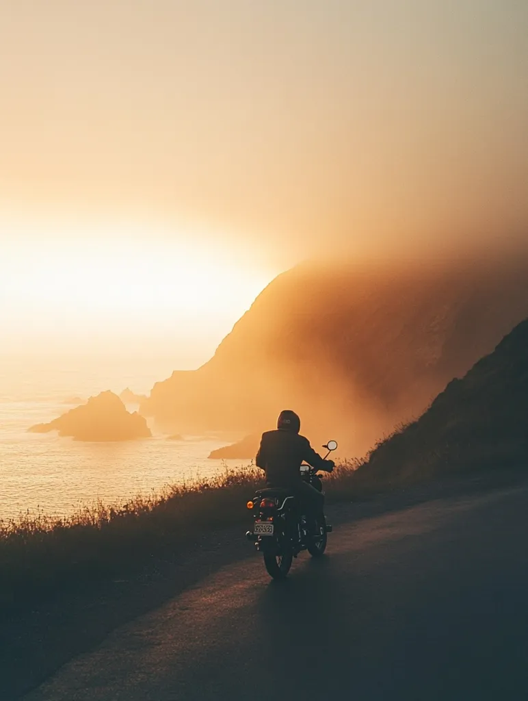 Here's a description of the image:

A lone motorcyclist rides along a coastal road at sunset. The sun, a brilliant orange orb, casts a warm glow on the rugged cliffs and the calm ocean water. The rider, silhouetted against the light, is small against the vast landscape. The scene is peaceful and evocative of freedom and adventure, emphasizing the vastness of nature against the smallness of human scale. The road curves gently ahead, inviting the viewer to imagine the journey continuing onward.