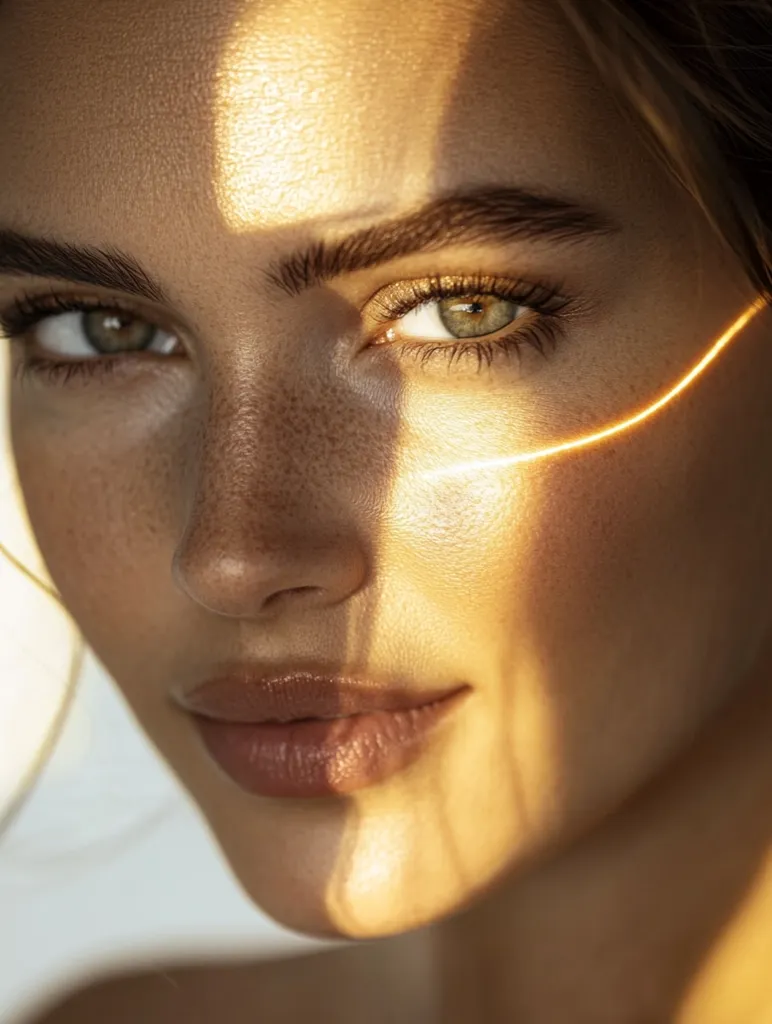 Close-up of a woman's face, bathed in warm, golden sunlight.  Her features are soft and subtly highlighted, showcasing freckles and a natural glow.  Her eyes are captivating, a striking green that complements her light complexion. The sunlight casts a dramatic diagonal line across her face, enhancing the texture of her skin and creating a visually appealing contrast.  Her expression is serene and inviting.