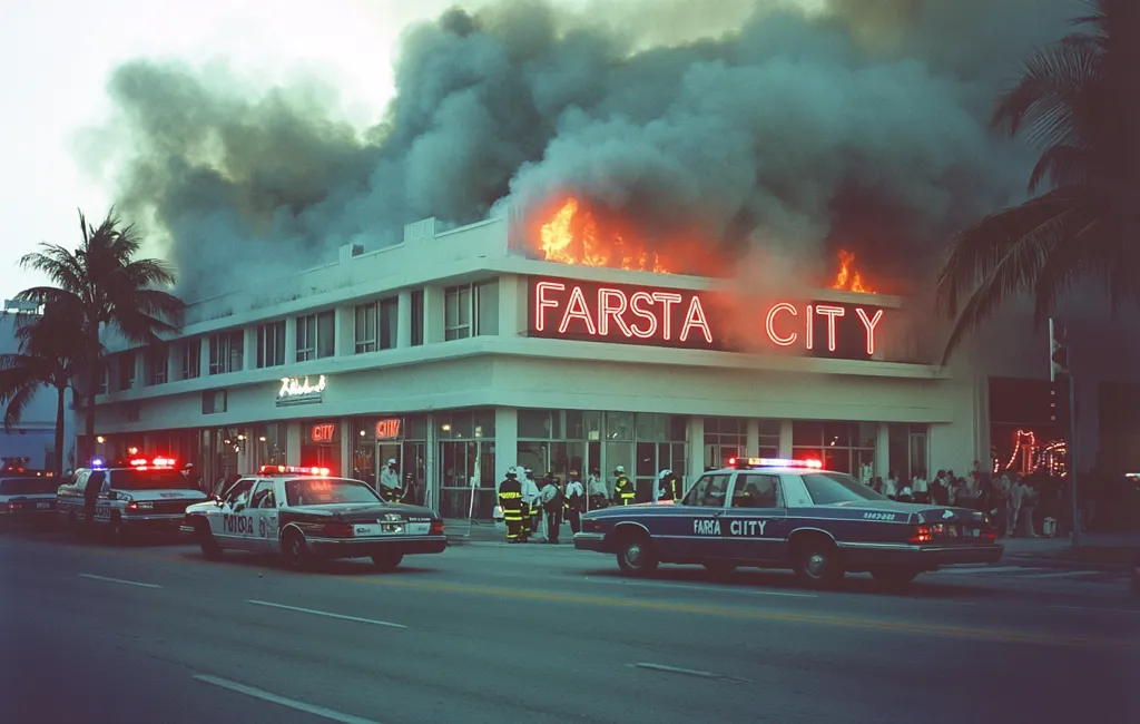 A large fire engulfs the roof of a building named "Farsta City," billowing thick black smoke into the twilight sky.  Firefighters are visible at the scene, battling the blaze.  Several police cars are parked nearby, suggesting an emergency response. Palm trees line the street, a tropical backdrop to the dramatic event. The neon sign of the burning building is still lit, a stark contrast to the destructive flames. The overall atmosphere is one of chaos and urgency.